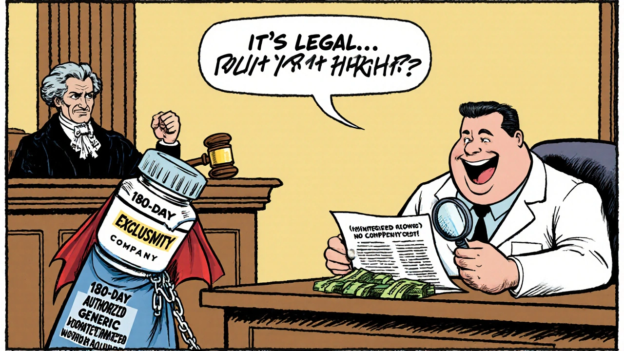 Courtroom scene with generic manufacturer dragged down by reverse payment chains while CEO laughs.