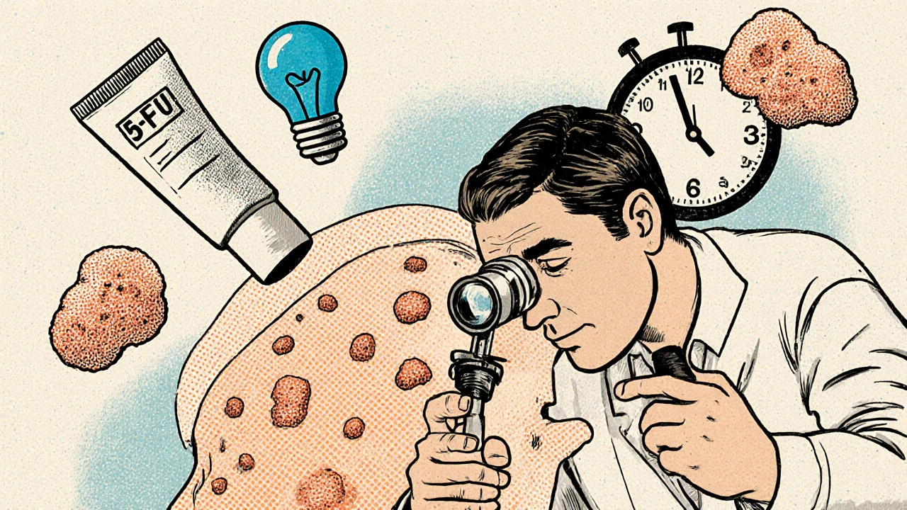 Dermatologist examining scalp lesions with a magnifier, surrounded by treatment icons.