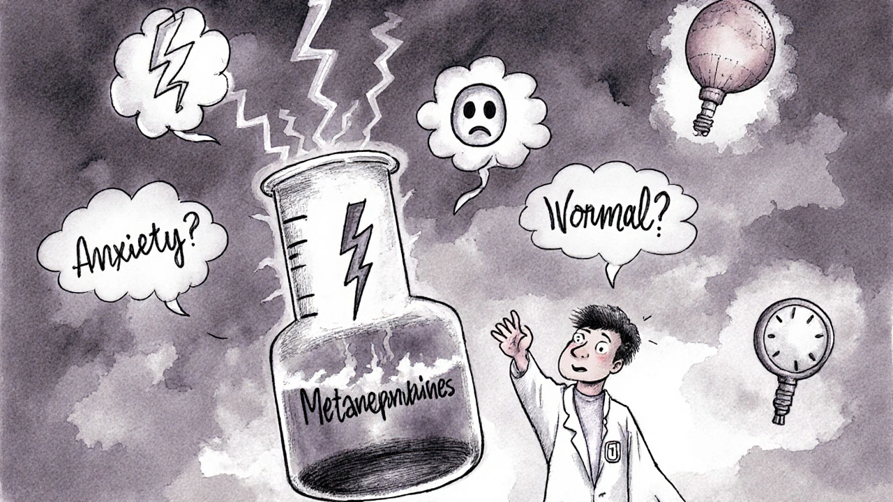 Doctor holding a test tube of adrenaline storms while patient is surrounded by misdiagnosed symptoms like panic and migraines.