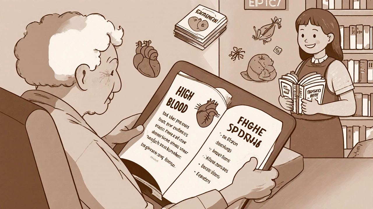 Elderly person learning about blood pressure with read-aloud book on tablet