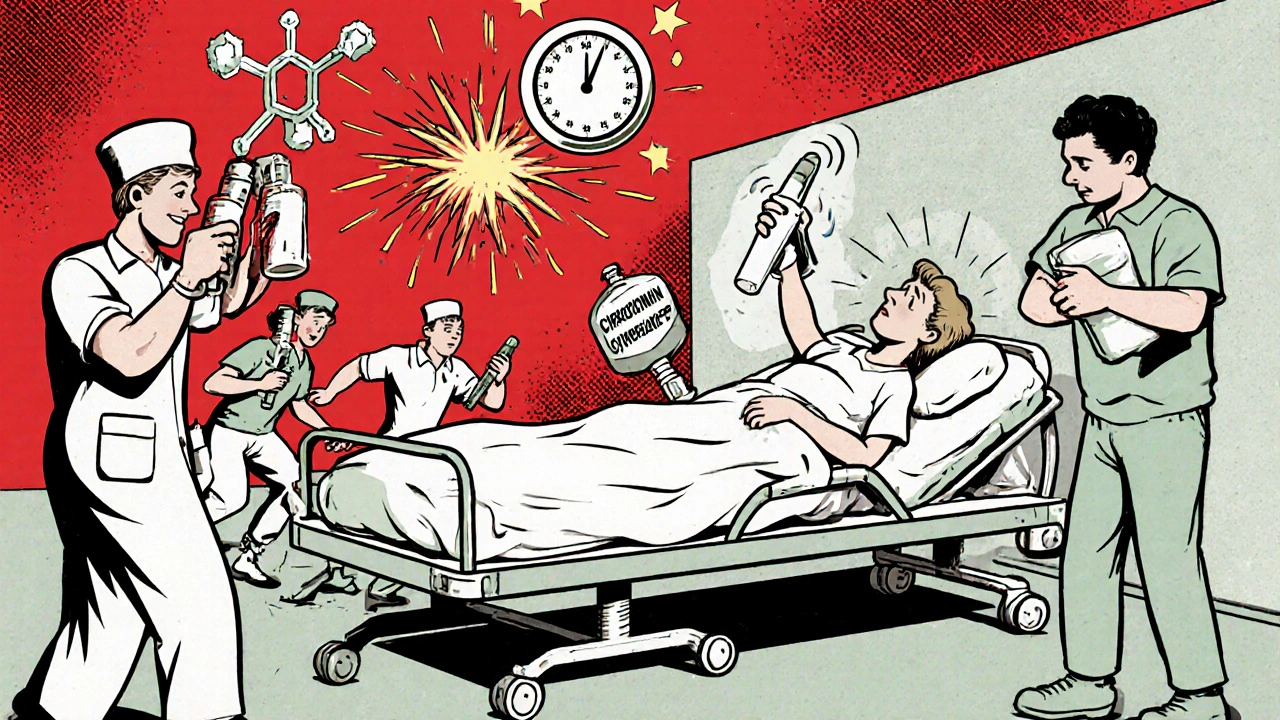 Emergency room scene with a patient having high fever and medical staff administering antidote.