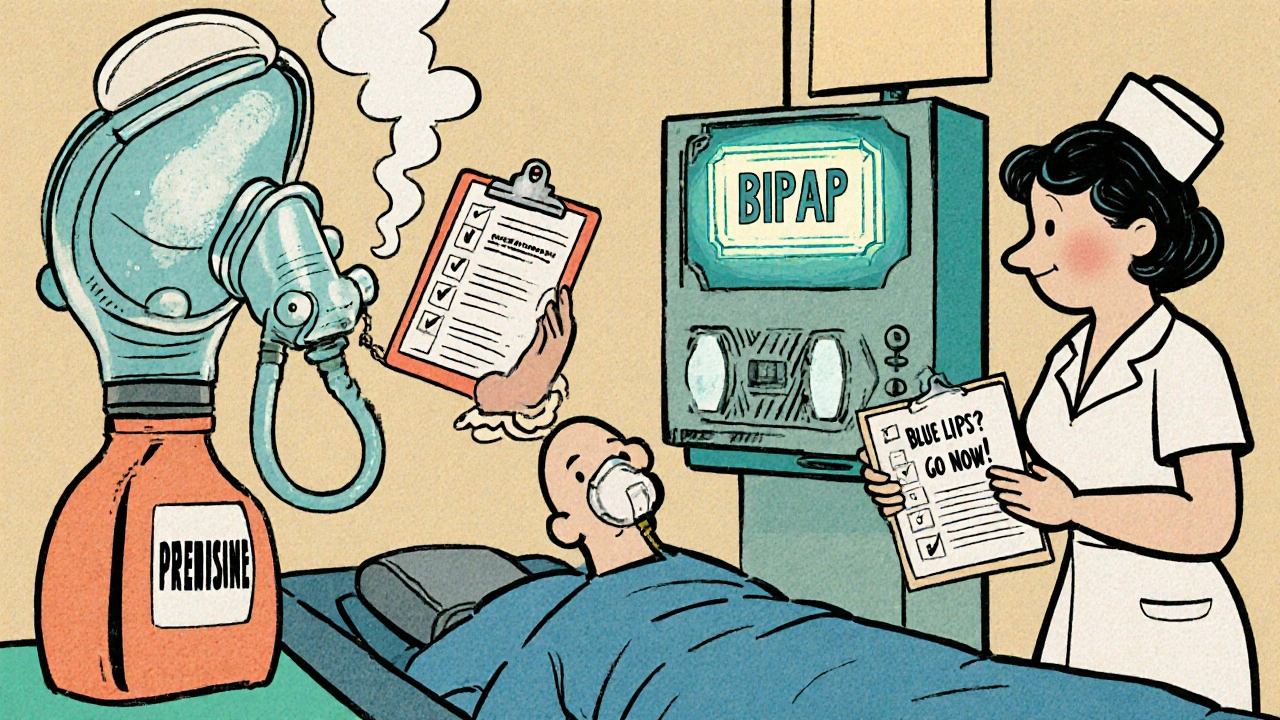 Emergency room scene with patient on gurney, giant nebulizer, and nurse holding action checklist.