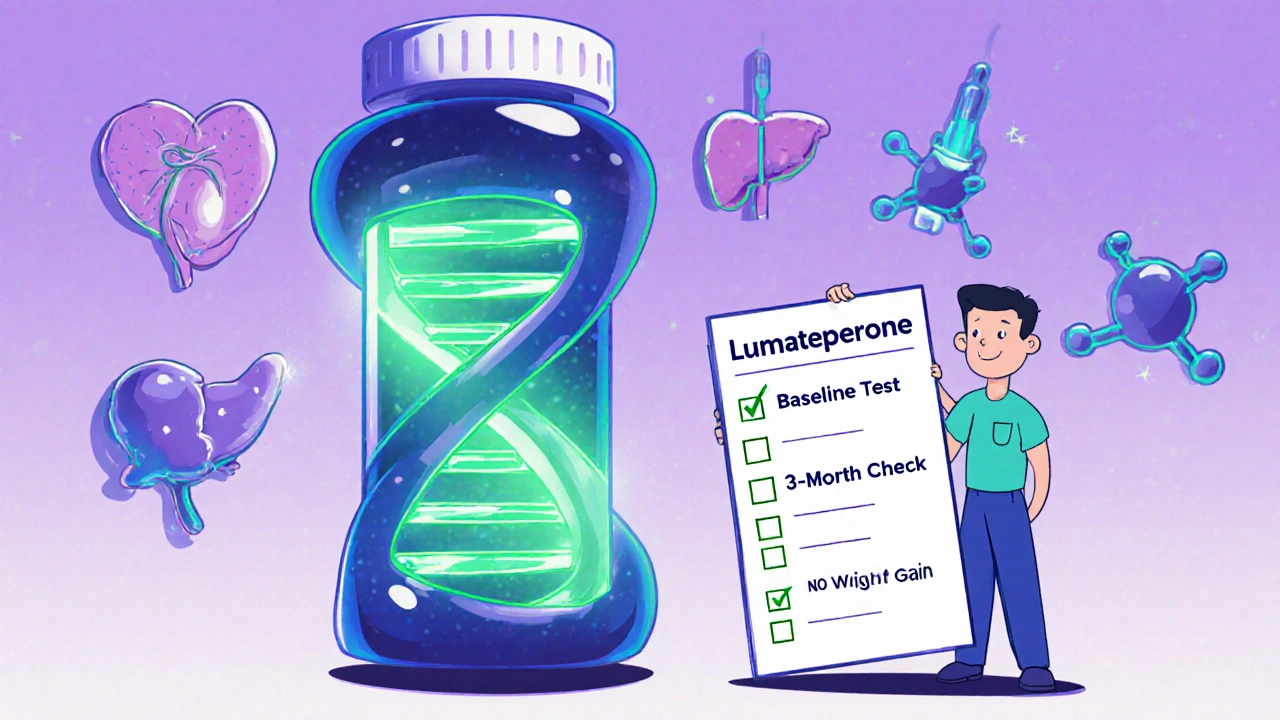 Futuristic DNA strand with lumateperone pill, patient checking metabolic health milestones.