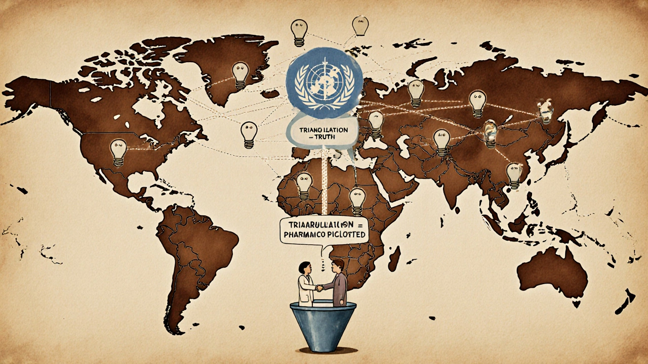 Global network of glowing light bulbs sending patient reports to a central hub, with data streams converging.