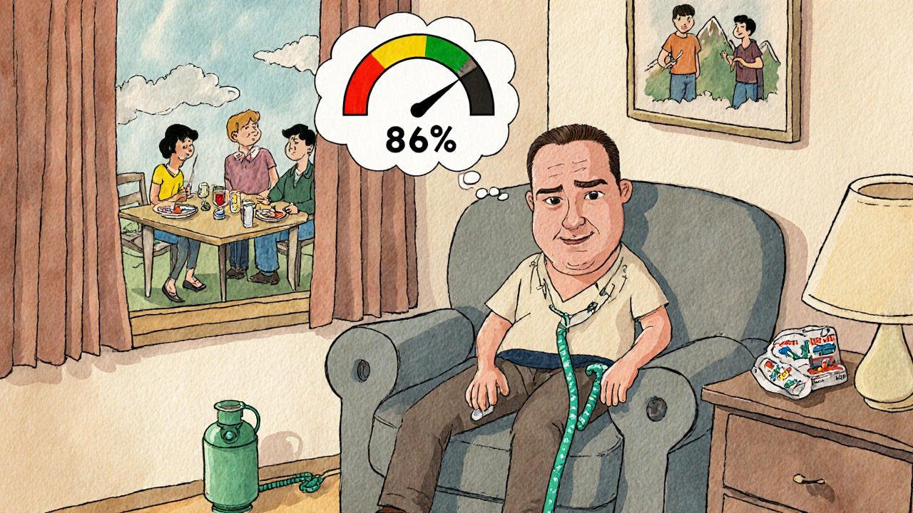 Man with oxygen tubing at home, watching family outside, with a floating oxygen saturation meter