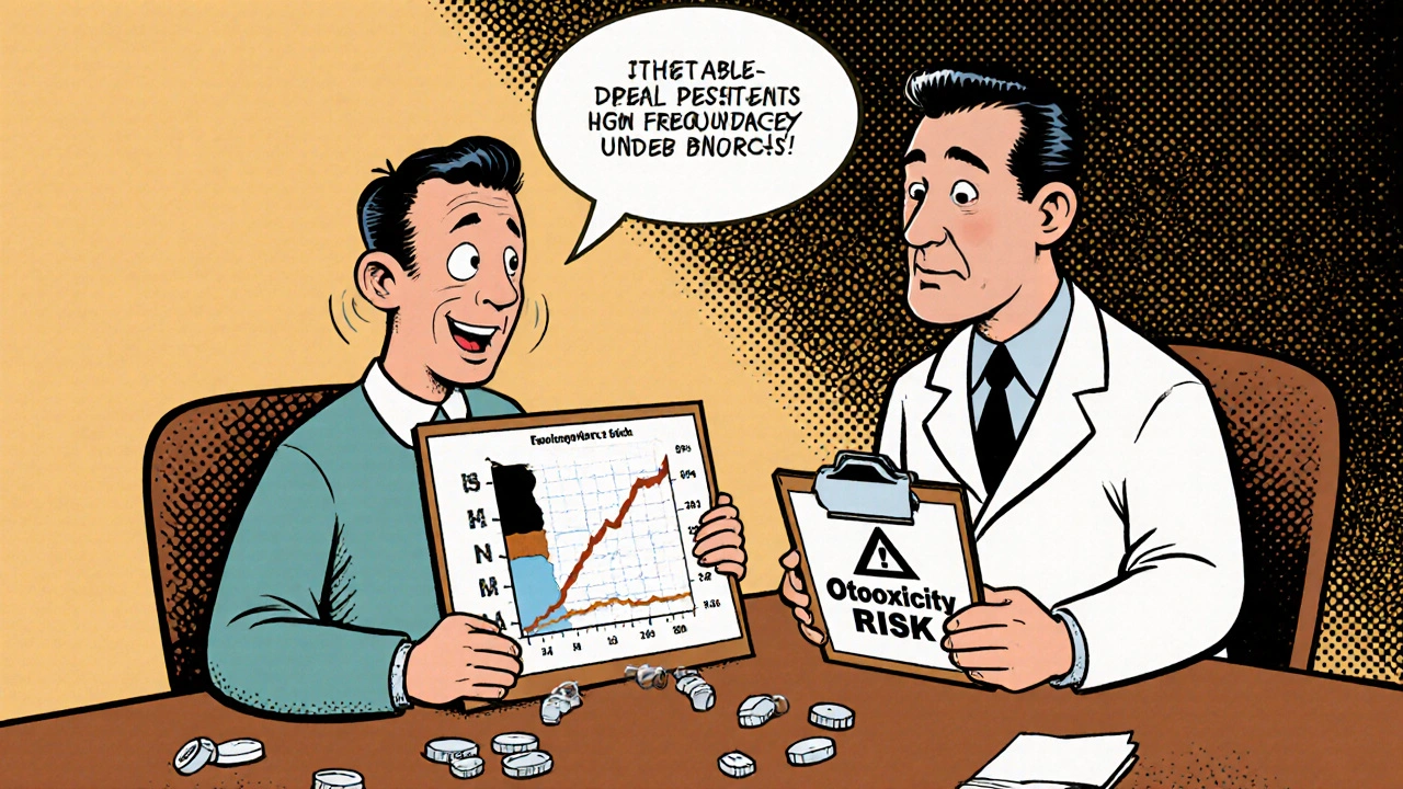 Patient and doctor reviewing hearing test with ringing sounds in thought bubble, vintage cartoon style.