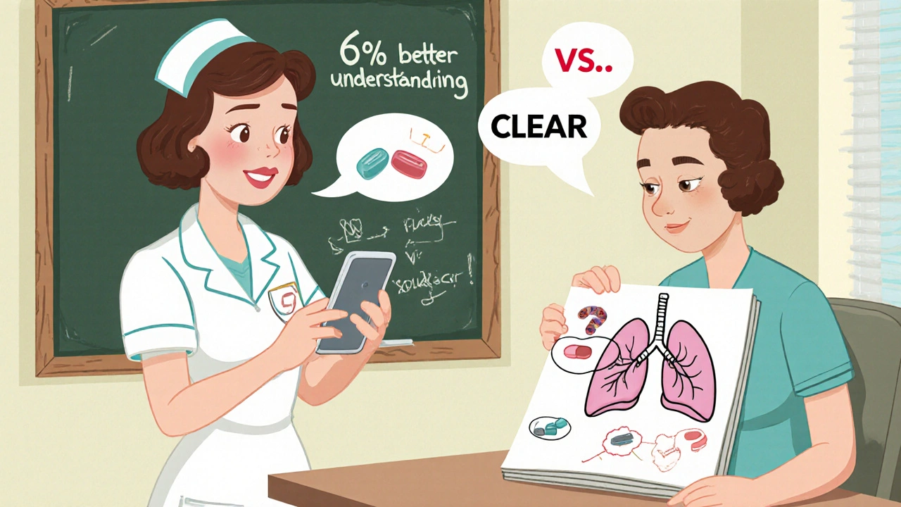 Patient drawing a health explanation while nurse watches on smartphone