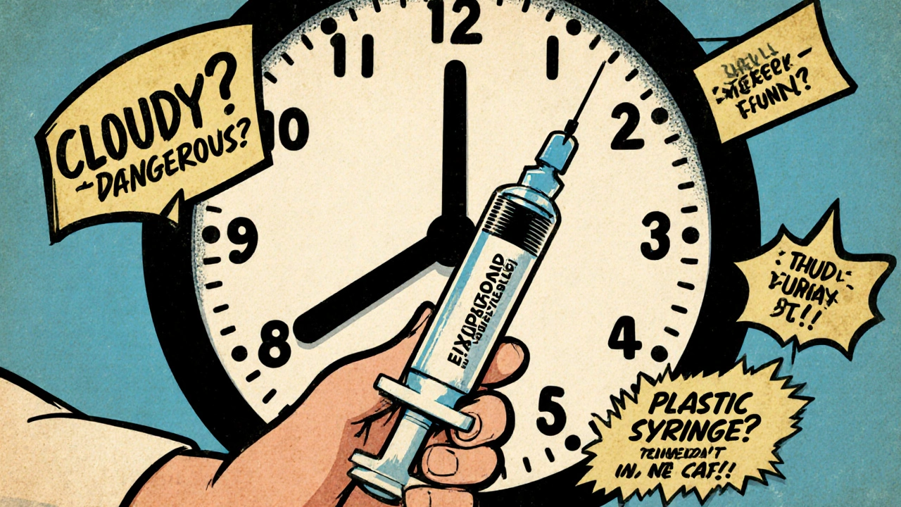 Patient holding expired syringe as a giant clock ticks down, surrounded by warning signs about cloudy liquid and unsafe containers.