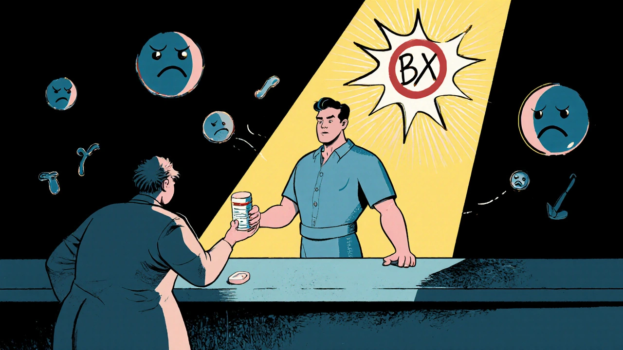 Patient refuses generic pill at pharmacy as BX code glows above prescription, vintage cartoon style.