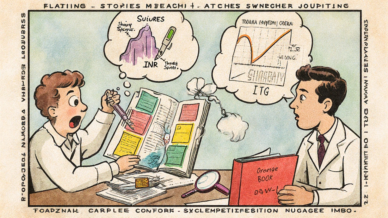 Patient shows symptom journal to doctor with medical graphs floating nearby, vintage cartoon style.