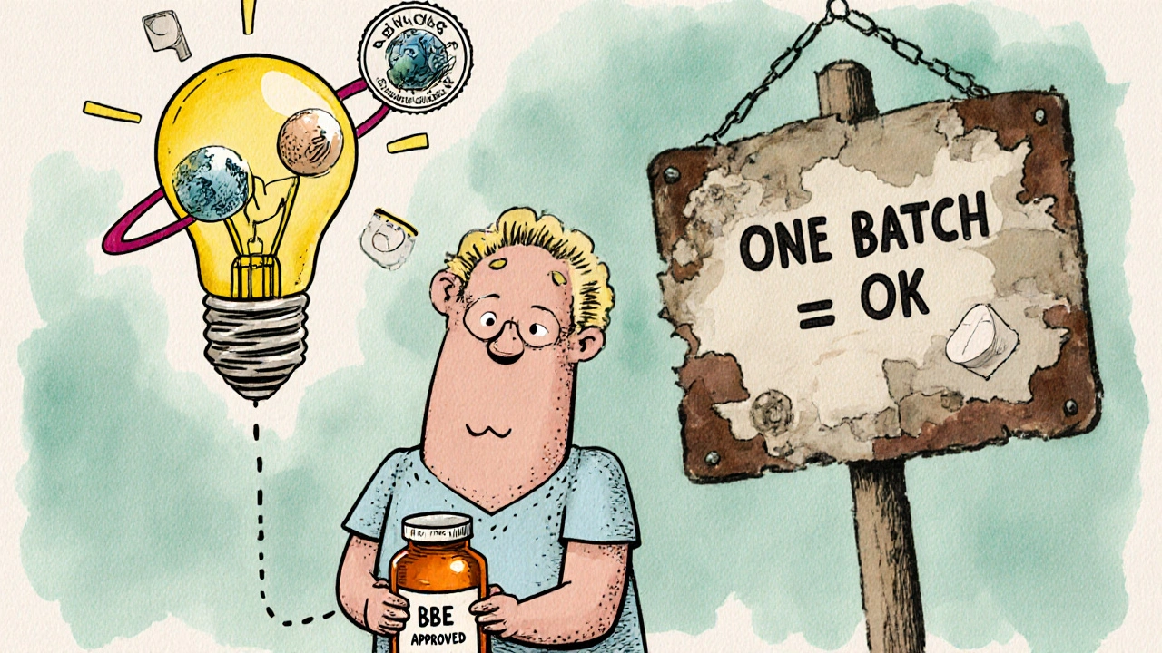 Patient with lightbulb idea showing three pill batches orbiting a brand pill under a new BBE approval seal.