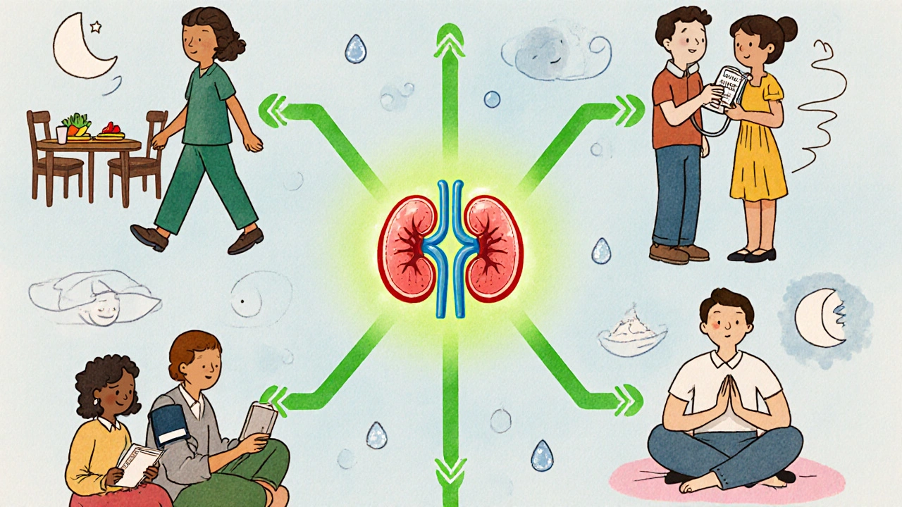 People practicing healthy habits linked by a path to strong, glowing kidneys.