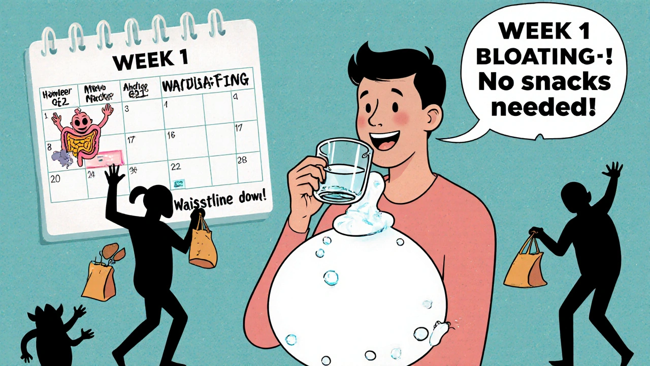 Person drinking psyllium water as gel blob fills stomach and hunger monsters run away