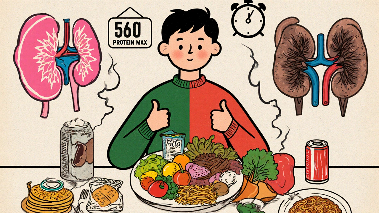 Person eating healthy vs unhealthy foods, with kidneys showing contrast in health.