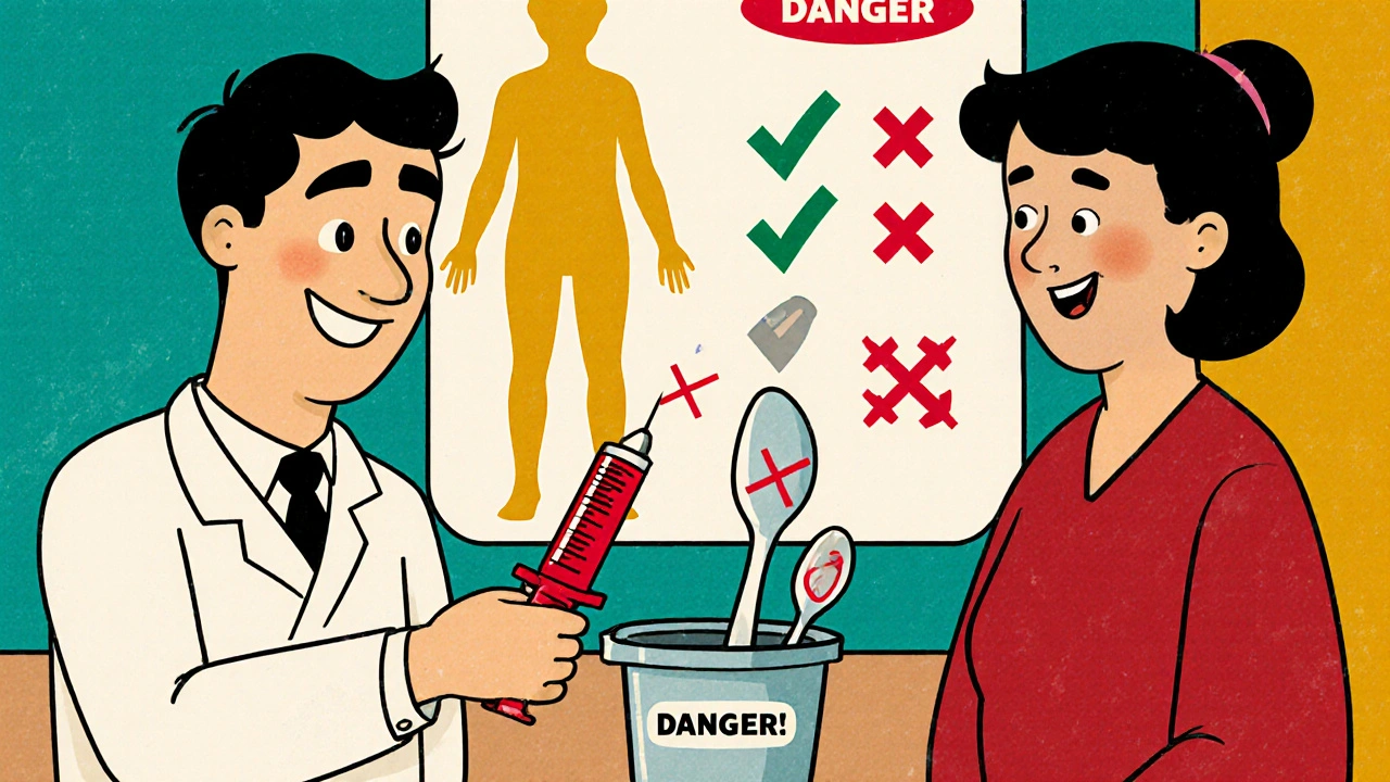 Pharmacist handing a parent a syringe while a dangerous spoon is thrown away in a bin.