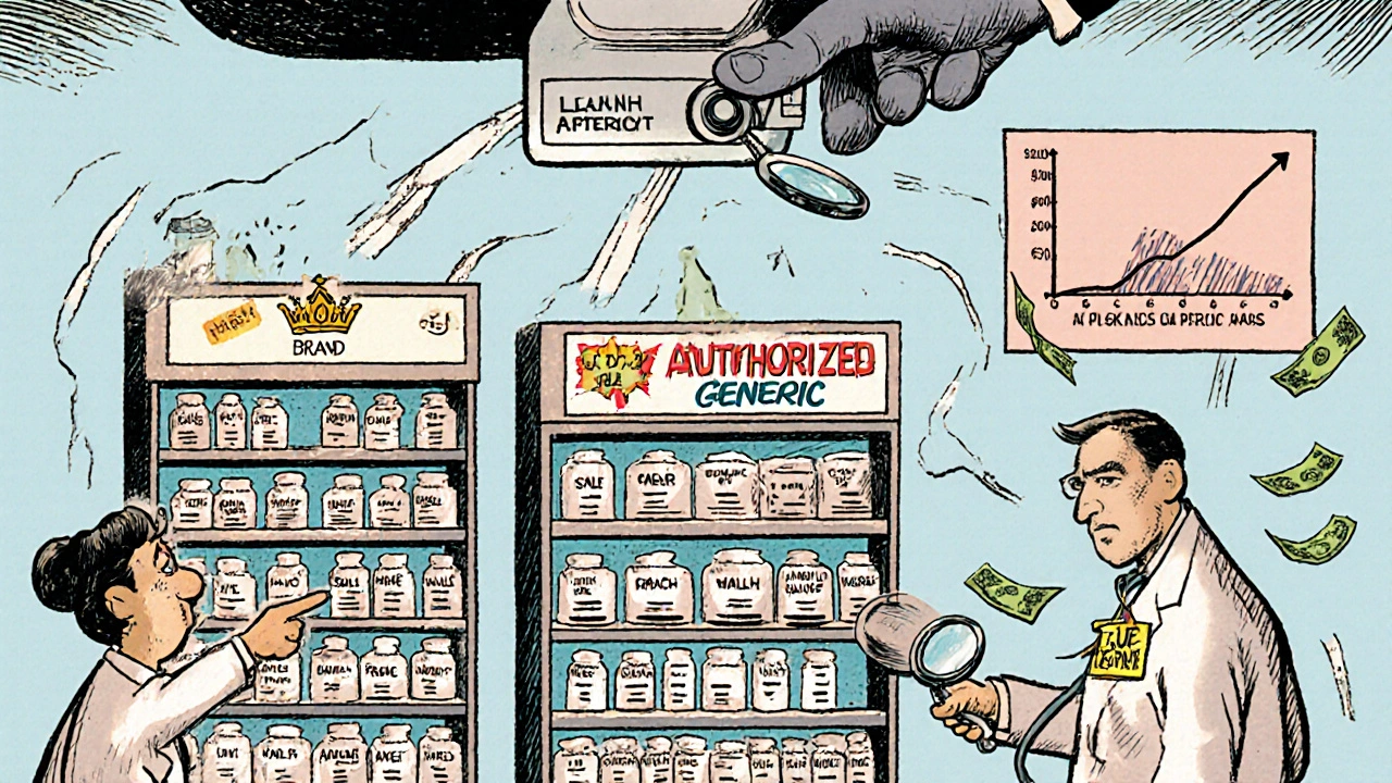 Pharmacy shelf with three drug tiers: brand, authorized generic, and true generic—patient choosing the lowest price.