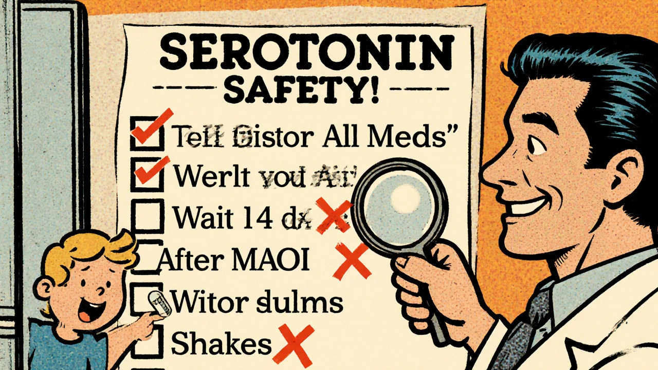 Refrigerator checklist with safety tips for preventing serotonin syndrome.