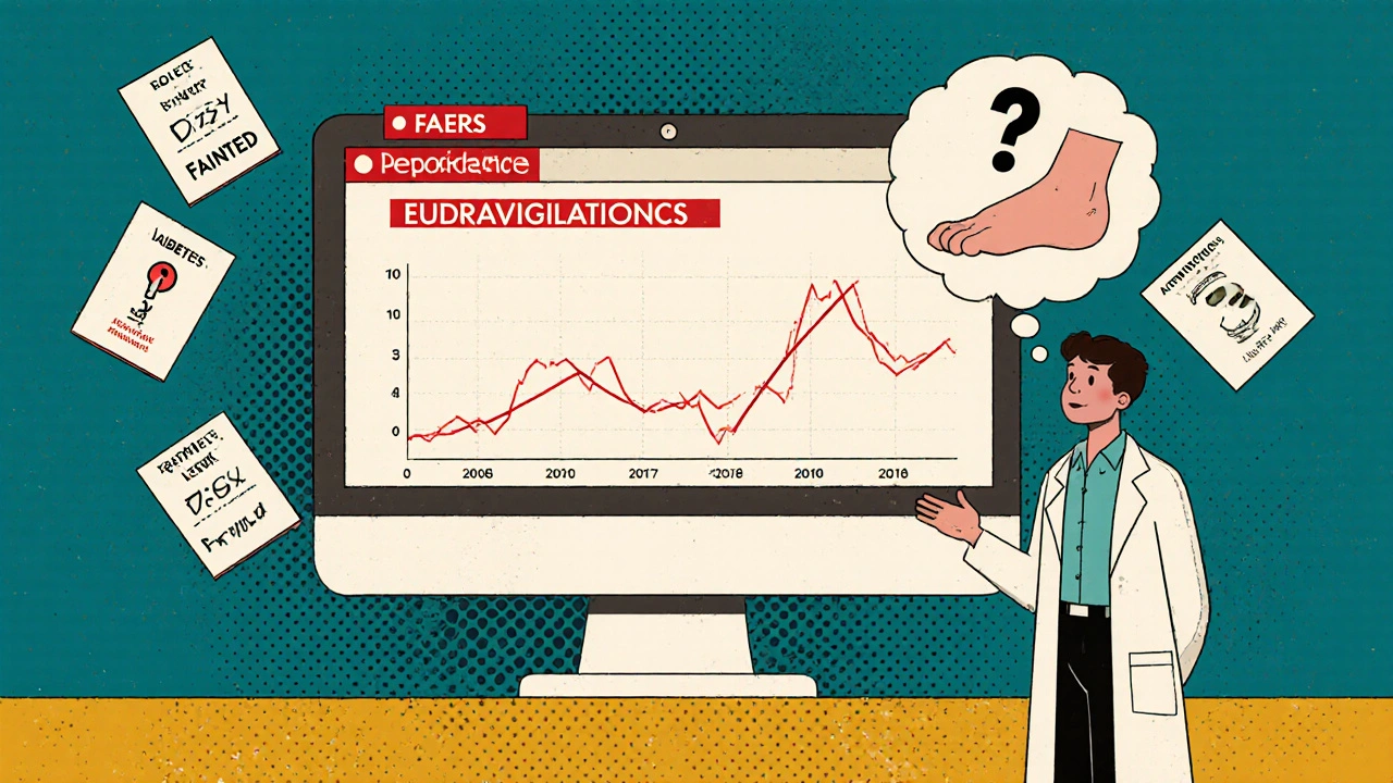 Retro-style computer screen with red alerts and floating patient reports, showing a spike in leg amputations.