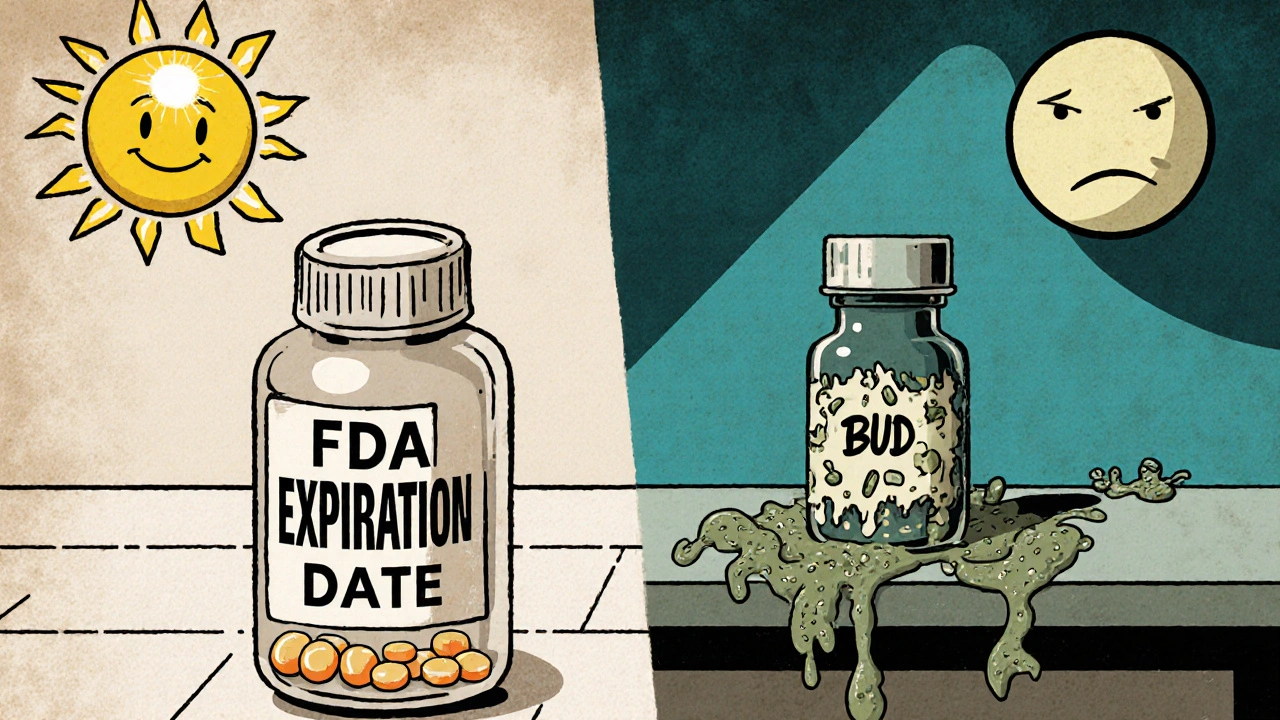 Side-by-side cartoon comparison: FDA expiration date with sun vs. compounded BUD with bacteria and frowning moon.