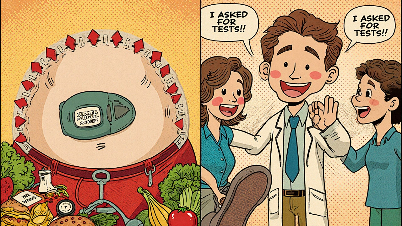 Split cartoon scene: sick patient vs. healthy patient with doctor and nutritionist team.