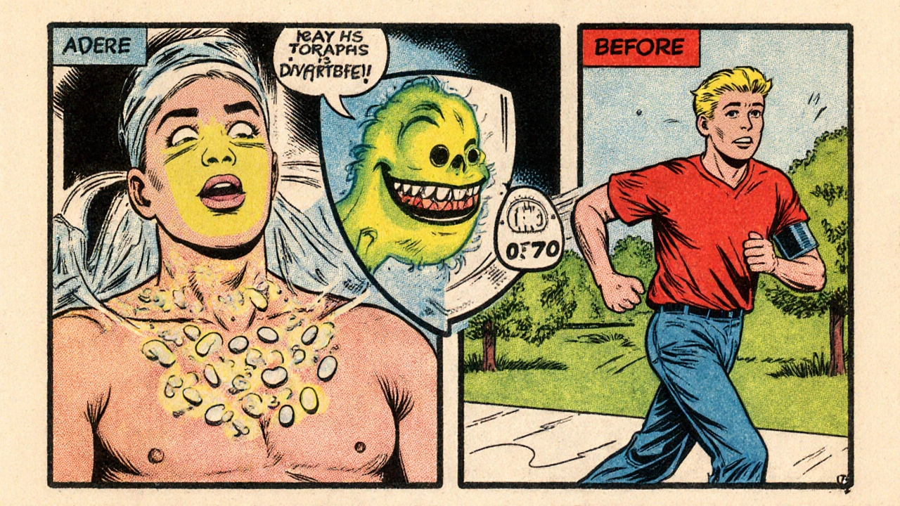 Surgeon removing a tumor monster with pill shield, contrasted with patient happily jogging after recovery.