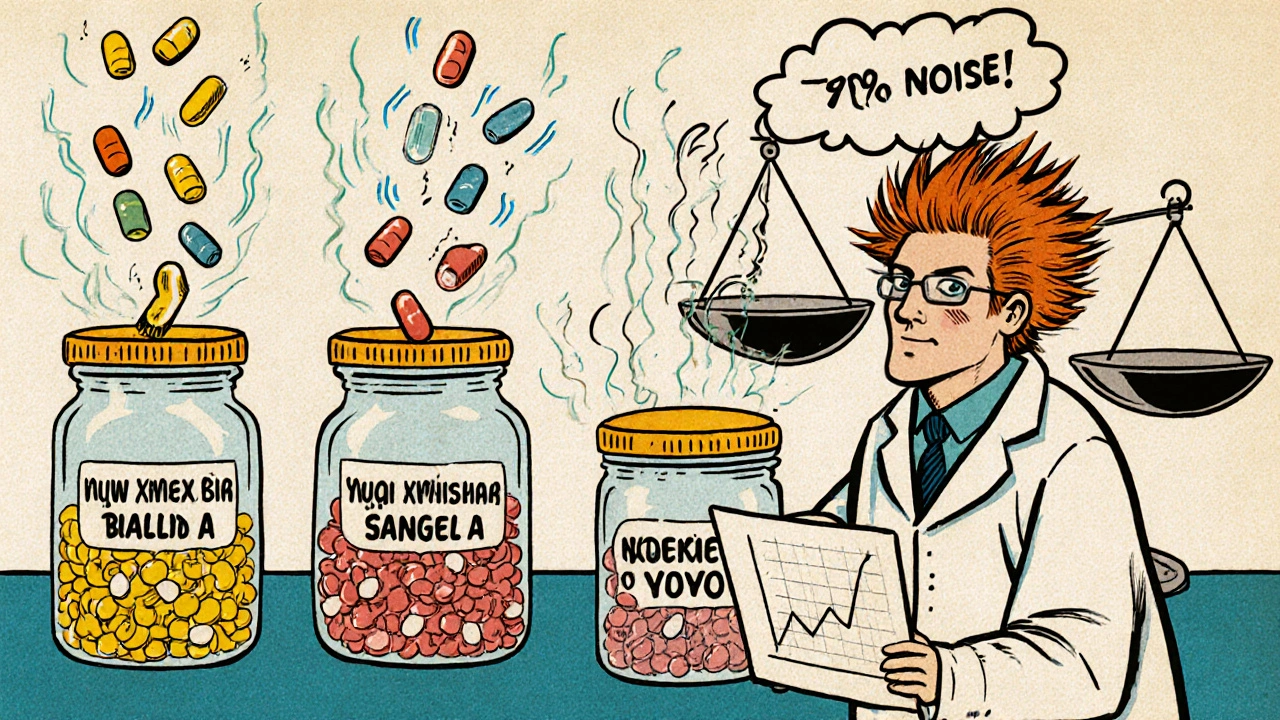 Three pill batches spilling from jars with wavy dissolution lines and a scientist reacting to noise on a graph.