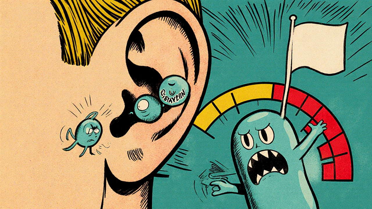 Tiny ear hair cells knocked down by giant pill monsters in a cartoon inner ear scene.