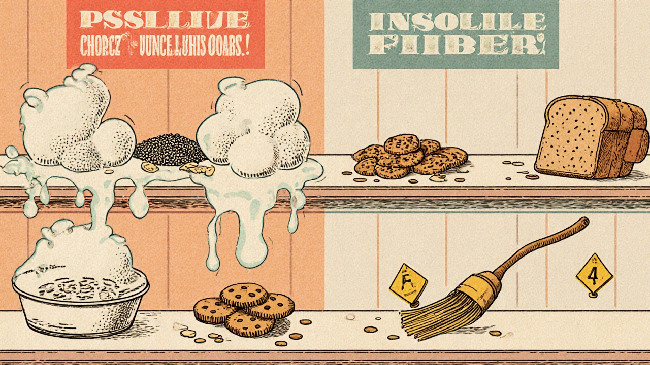 Two kitchen shelves showing soluble fiber slowing snacks vs insoluble fiber sweeping crumbs