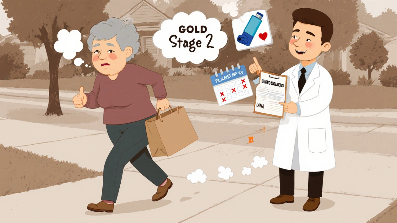 Woman walking with difficulty, surrounded by cartoon symbols of COPD symptoms and treatment