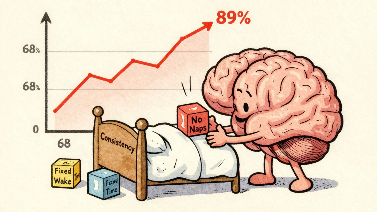A cartoon brain rebuilding a bed with labeled blocks, showing sleep efficiency rising in vintage illustration style.