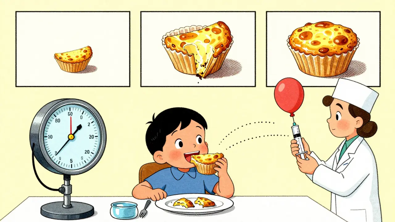 A child eats increasing portions of egg muffin during a food challenge, with visual panels showing progress in a cartoon clinic.