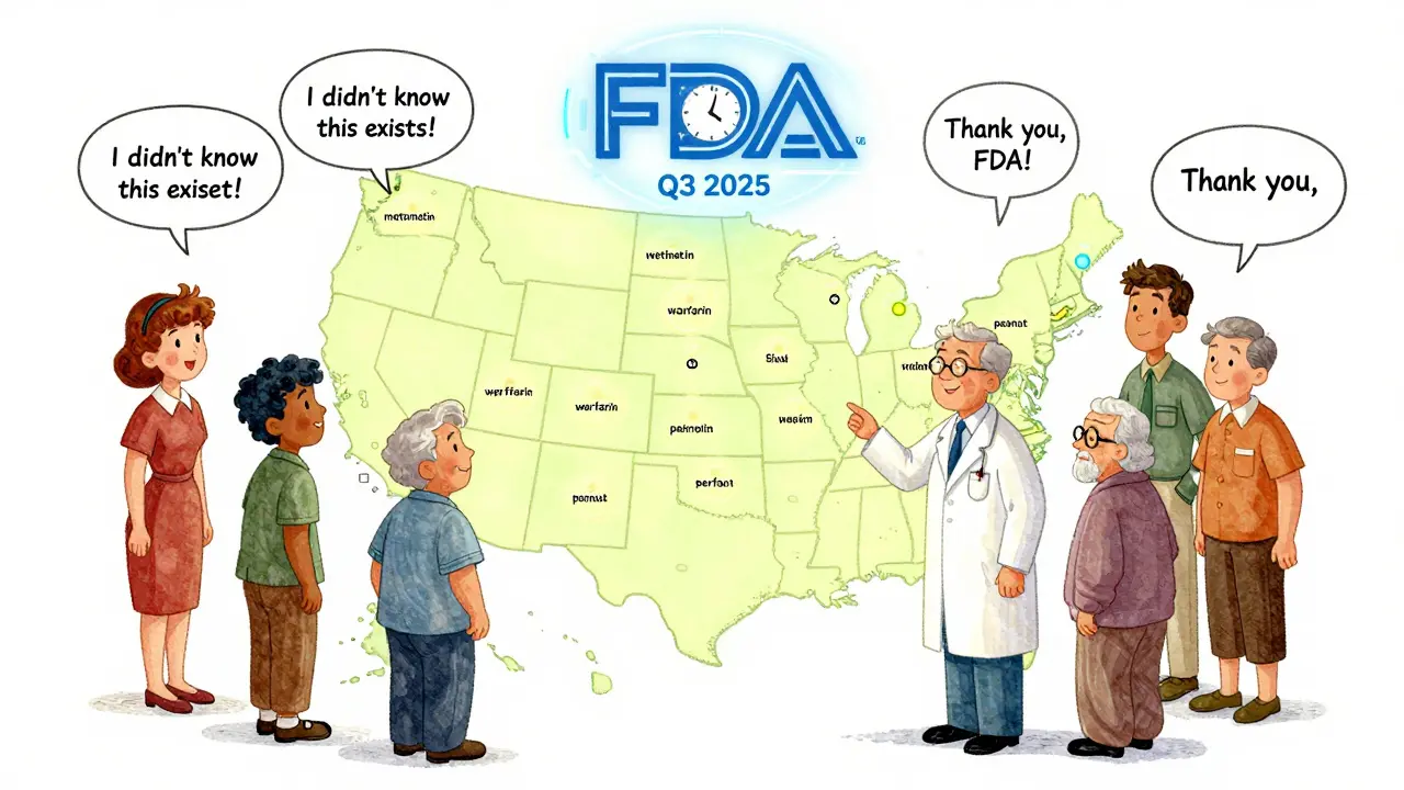 A diverse group of people look at a map with FDA alert bubbles rising, symbolizing drug safety notifications.