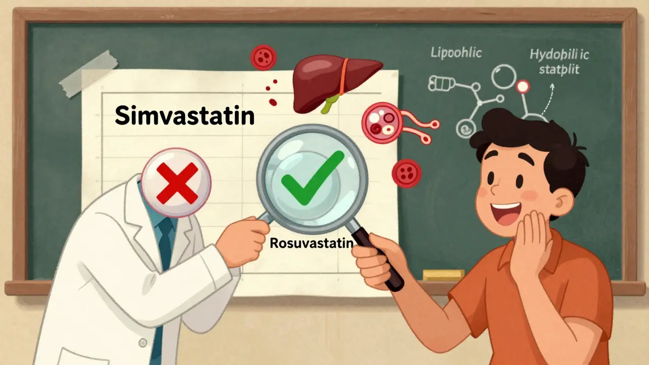 A doctor uses a magnifying glass to compare two statin pills on a chart, with liver and muscle icons floating nearby