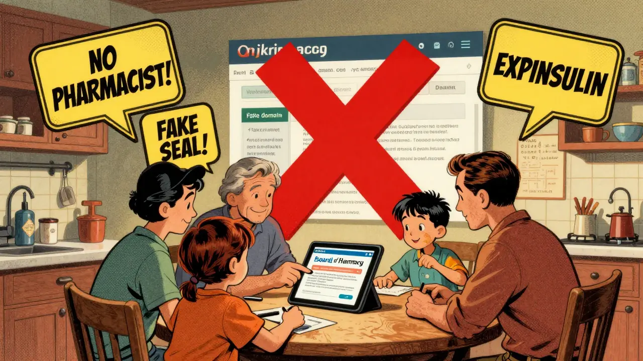 A family verifies a pharmacy online as warning signs float above a fake website, drawn in retro comic style.