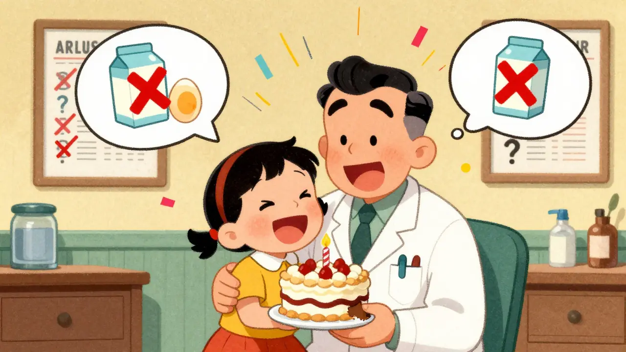 A joyful family celebrates after a child proves they’ve outgrown a food allergy, with cake and crossed-out allergens in background.