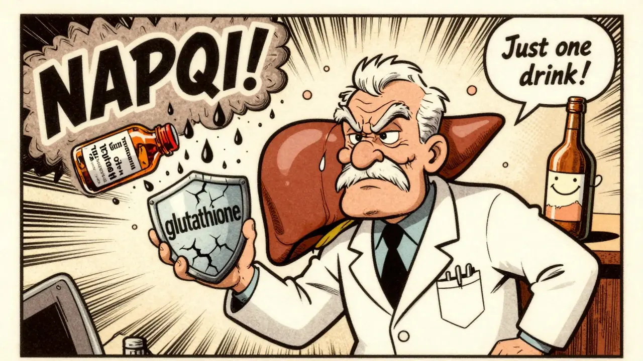 A liver as a worried man struggling against toxic droplets from painkillers and alcohol.