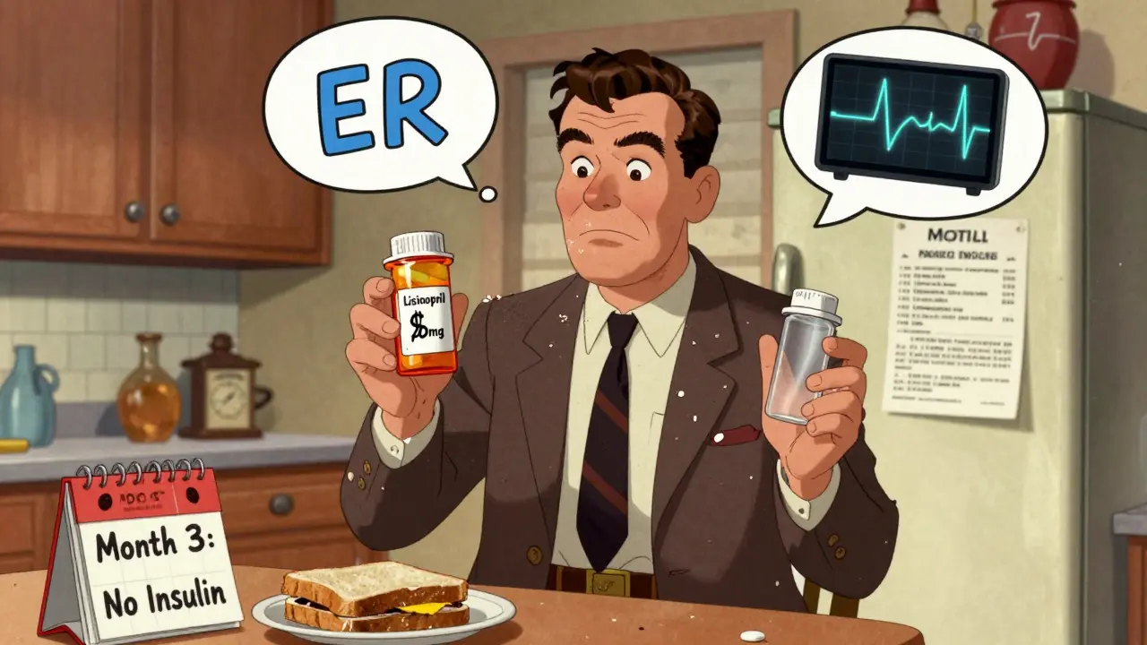 A man with two pill bottles, one empty, beside a heating bill and half-eaten sandwich.