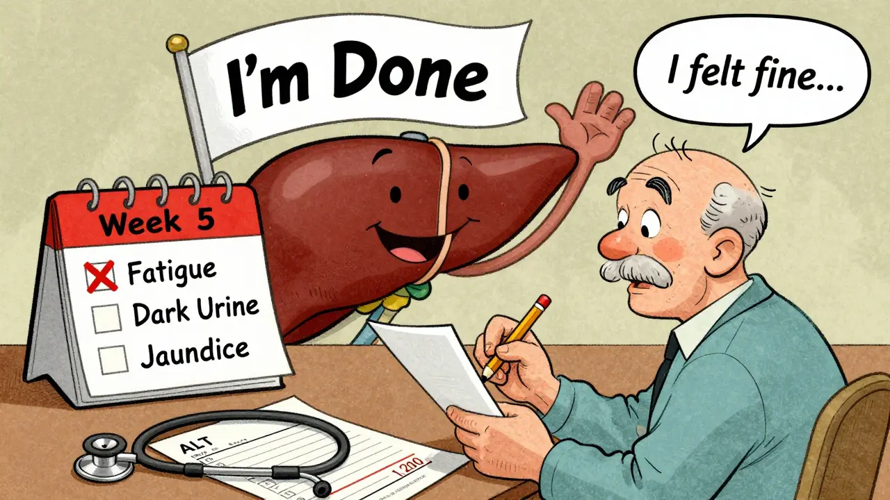 A patient journals symptoms while a liver waves a white flag, with blood test results showing dangerously high ALT levels.
