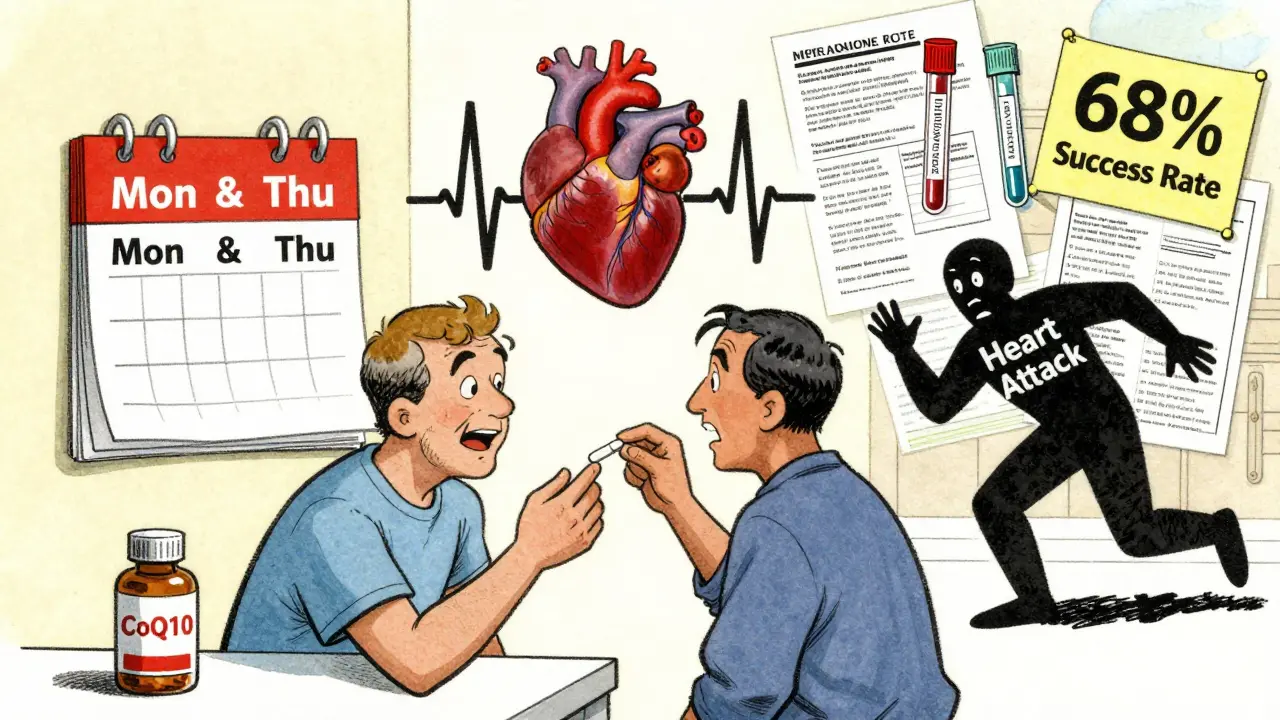A patient takes statin twice a week, a healthy heart beats above as a heart attack figure retreats in fear