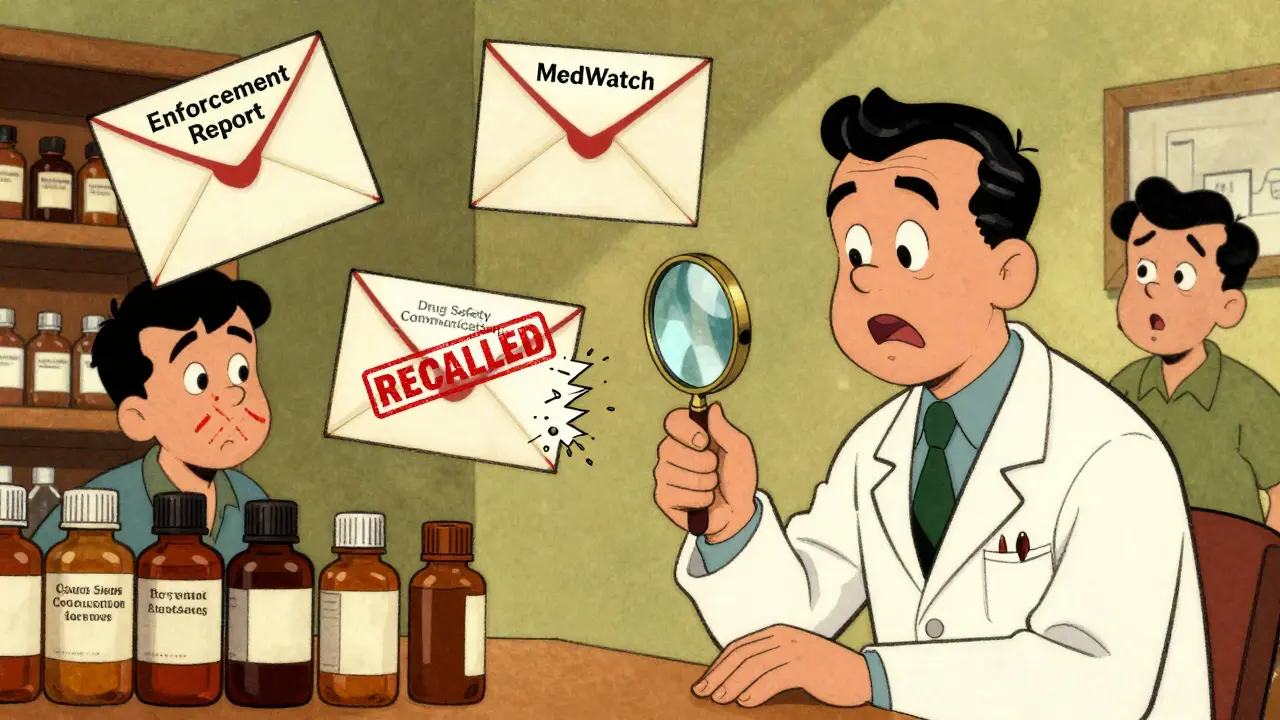 A pharmacist examines recalled medicine bottles while three email alerts float above the counter.