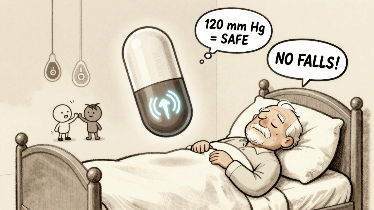 A smart posture-sensing pill hovers beside an elevated bed, symbolizing next-gen hypertension treatment.