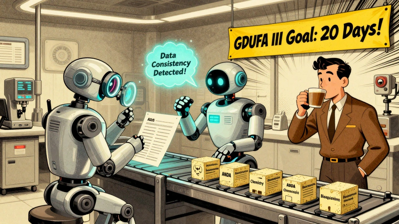 AI robots and a conveyor belt processing drug application parts in a futuristic FDA lab.