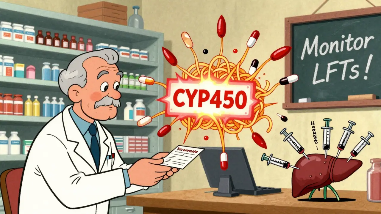 An elderly man receives a prescription as a web of drug interactions threatens a small liver.