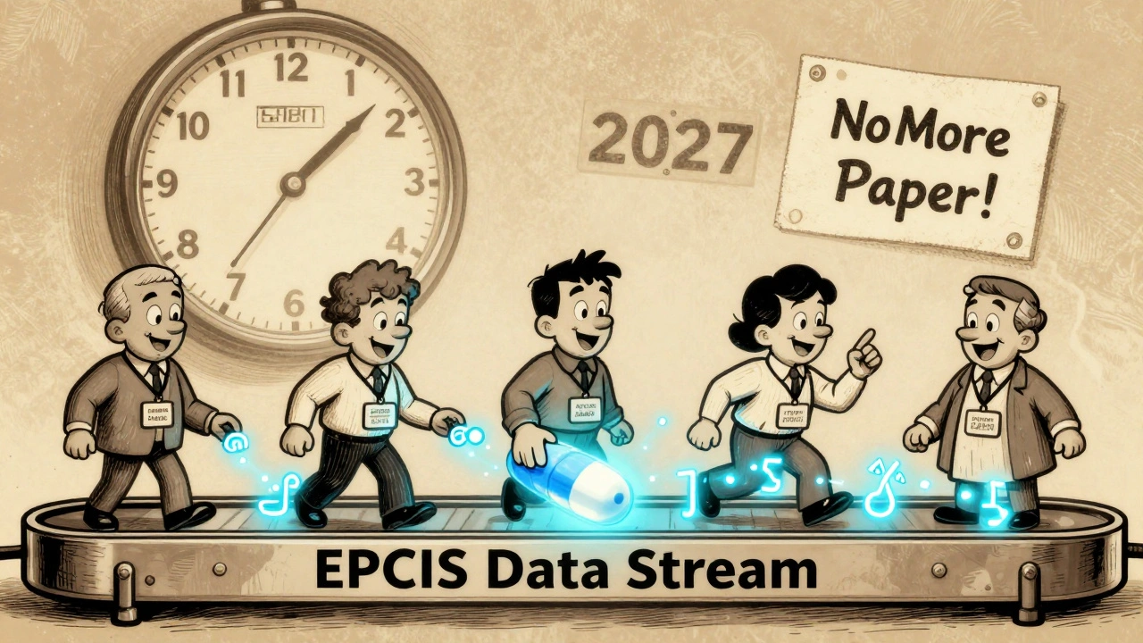 Cartoon characters pass a glowing pill down a conveyor belt with digital data trails, in retro comic style.