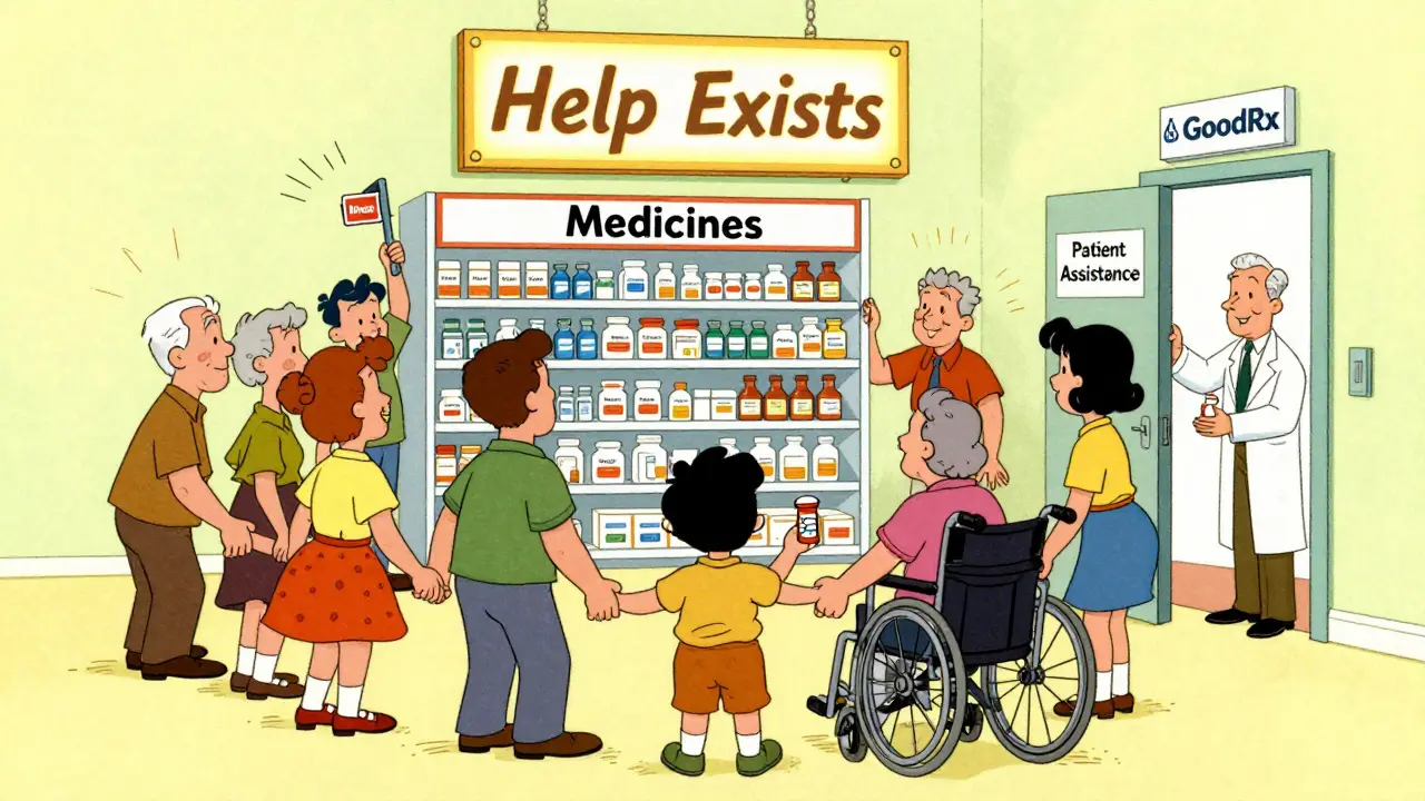 Diverse people united around a pharmacy shelf, pulling levers for help and receiving medication.
