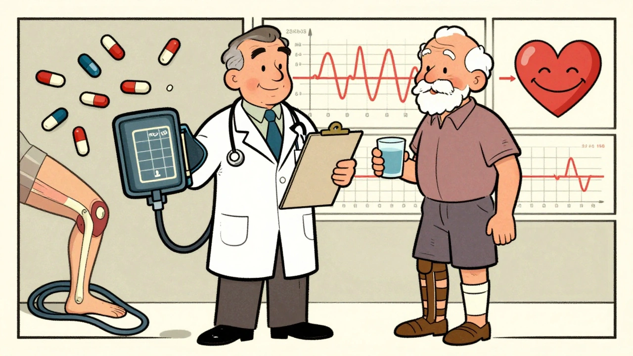 Doctor and patient discussing blood pressure safety, with contrasting images of danger and prevention.