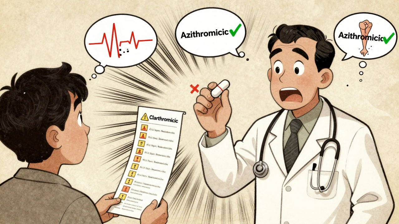 Doctor choosing safe azithromycin over dangerous clarithromycin while patient holds a medication list.
