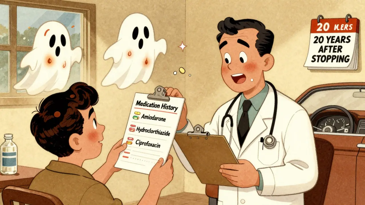 Doctor reviewing medication list while sunburn ghosts float above, windows and car windows glowing with UV exposure in vintage illustration.