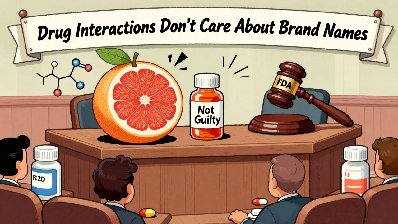 Grapefruit and fluconazole on trial with pill bottle jury and FDA judge.