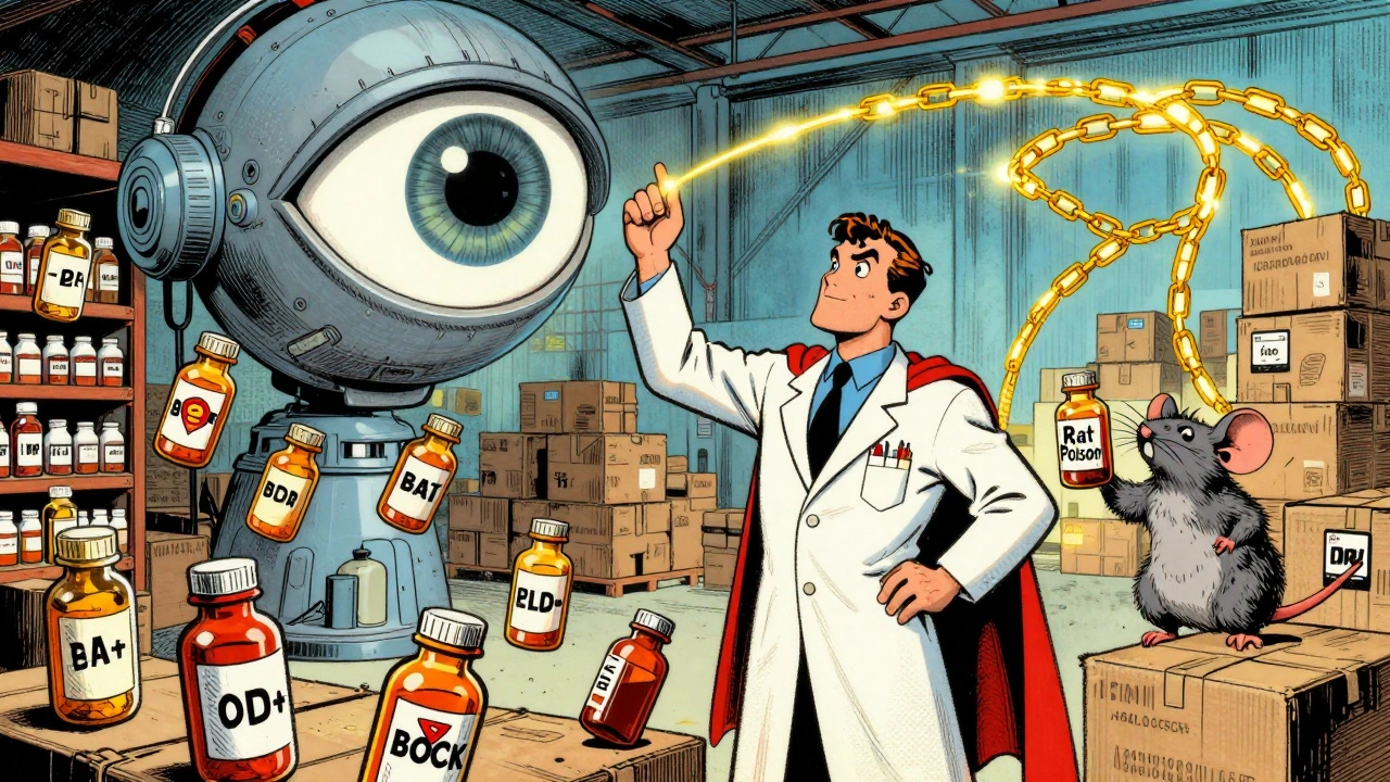 Heroic pharmacist guards a warehouse of flying serialized pills while AI spots a fake pill disguised as a rat.